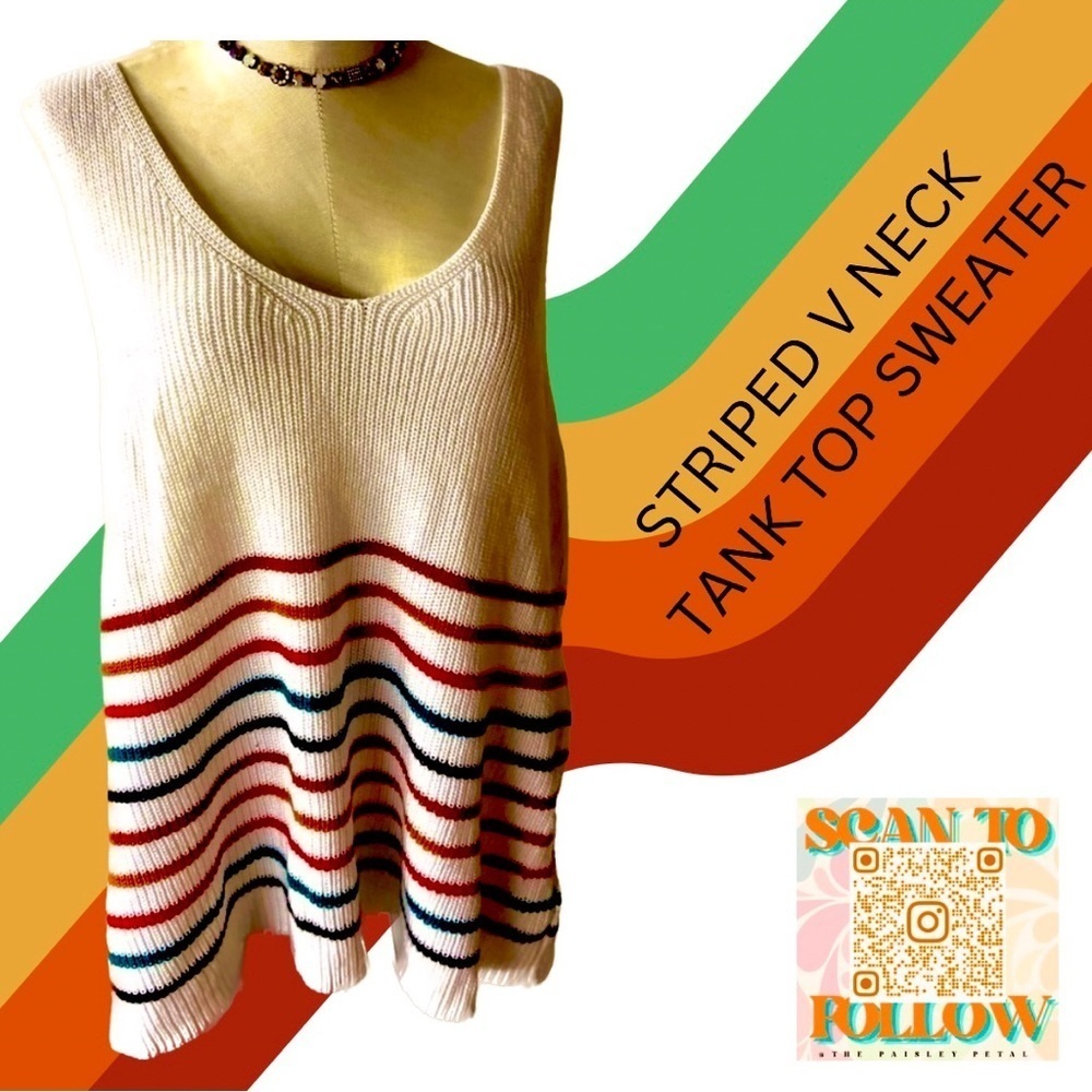 STRIPED V NECK TANK TOP SWEATER - Picture 1 of 7